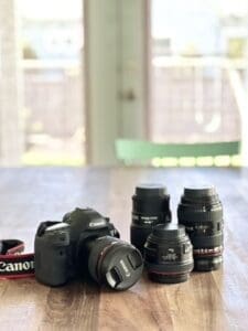 Camera gear used by a South Jordan family photographer during lifestyle photo sessions.